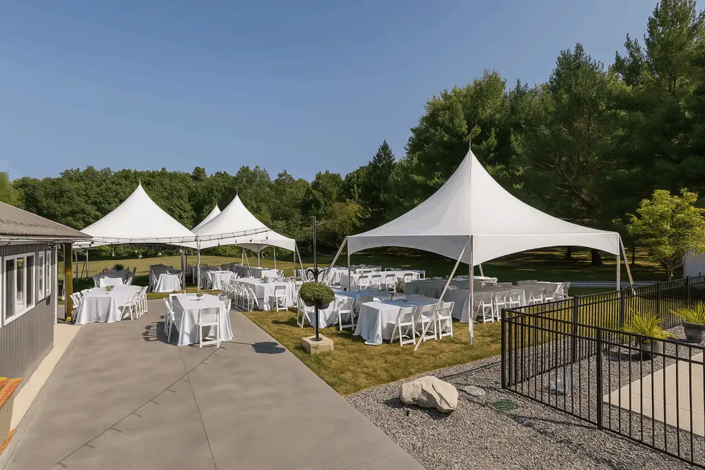 Outdoor event with white tents and tables