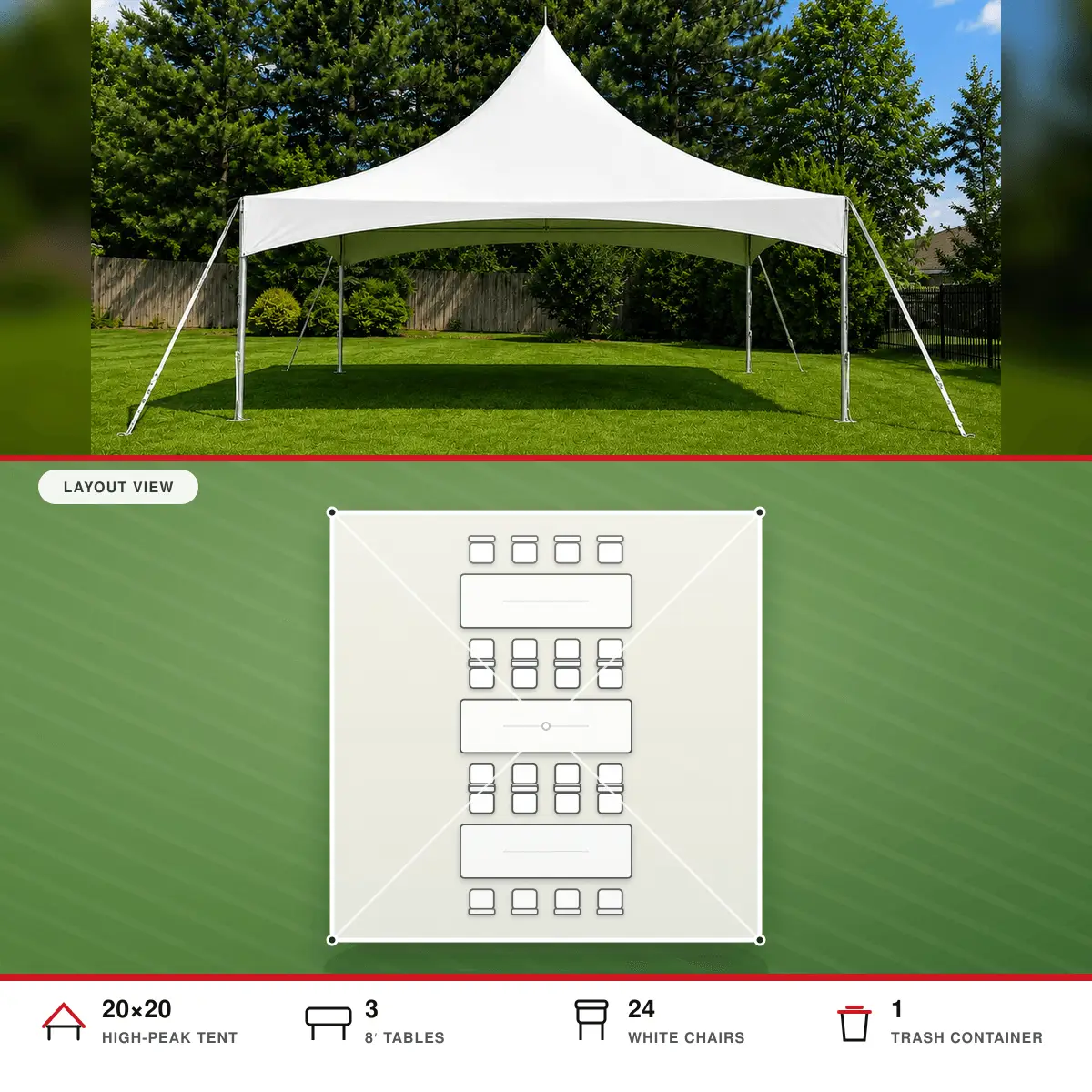 The Essential 20 by 20 tent package layout for 24 guests