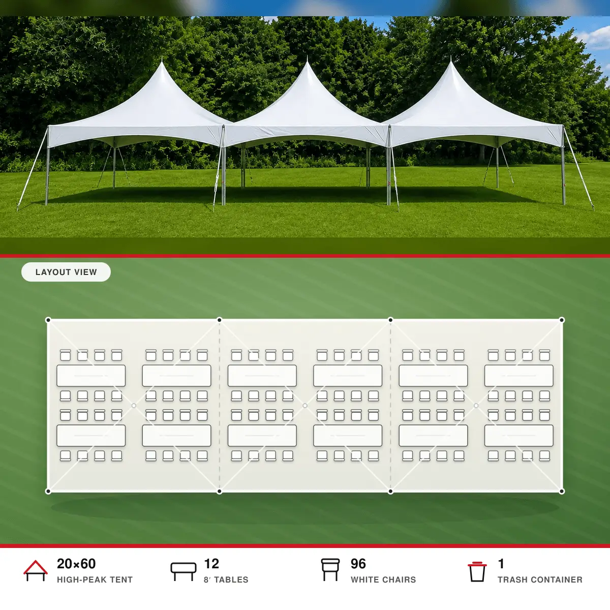 The Executive 20 by 60 tent package layout for 96 guests
