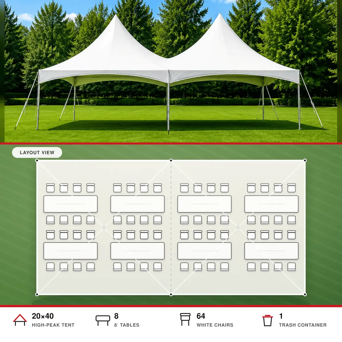 The Gathering 20 by 40 tent package layout for 64 guests