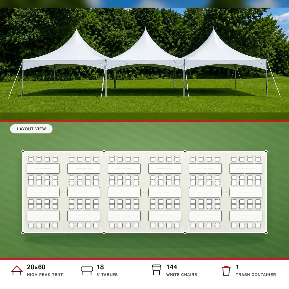 The Ultimate 20 by 60 tent package layout for 144 guests